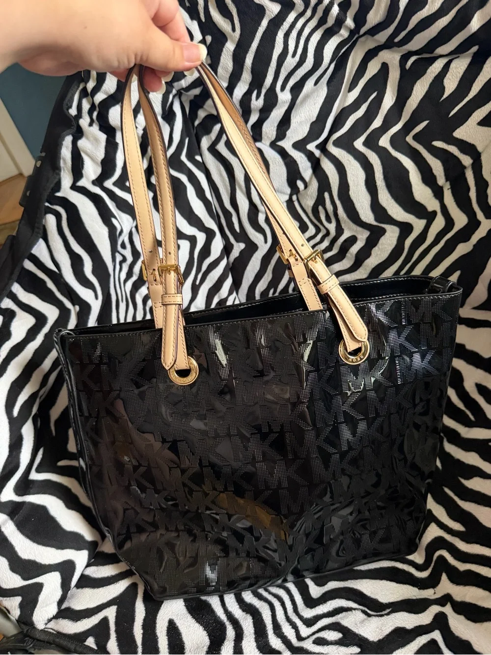 Michael Kors Black Patent Tote with Tan Straps and Gold Hardware